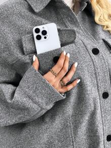 SHEIN CURVE+ Plus Drop Shoulder Flap Pocket Overcoat,,Fall Women Clothes,Fall Tops,Fall Outfits - Grey - View 8