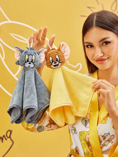 TOM & JERRY X SHEIN 2pcs Set 3D Cartoon Style Hanging Hand Towel