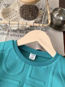 SHEIN 4 件套年轻男孩休闲日常纹理字母印花长袖圆领运动衫和裤子套装，适合春秋季节街头装和校服等场合