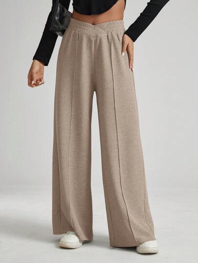 SHEIN Essnce Plush Plush Warm Black V-Waist Elastic Pants Plush Pants For Women Solid Color Asymmetric Waist Toothpick Striped Wide-Leg Loose Pants