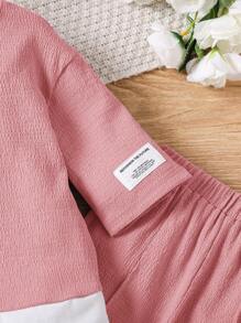 SHEIN Leap Crew 2 件套年轻女孩休闲针织拼布圆领长袖衬衫和长裤套装 - 粉色 - 查看 4