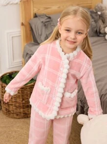 3pcs Young Girl Winter Fleece Pajama Set, Long Sleeve Cardigan With Pockets & Long Sleeve Top And Pants, Mommy And Me Matching Outfits (Sold Separately)