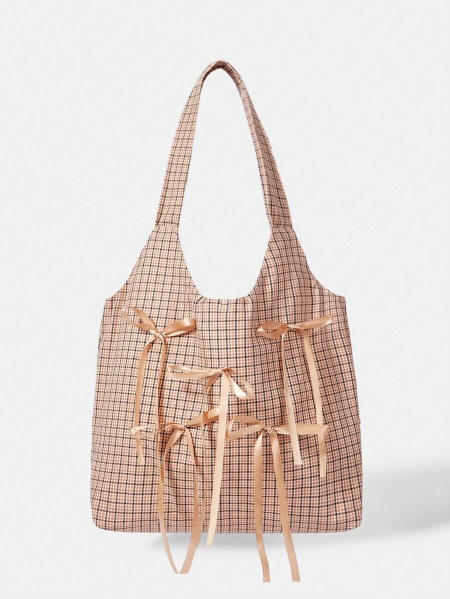 SHEIN MOD Fashionable Plaid Contrast Color Bow Decor Large Capacity Tote Bag - Khaki - View 1