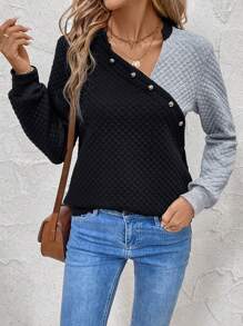 SHEIN LUNE Women's Contrast Color Metal Buckle Decorated Long Sleeve Sweatshirt Pullover Fall Sweatshirt - Black - View 5