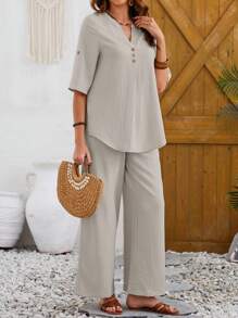 EMERY ROSE 2pcs Women Solid Color Simple Daily Short Sleeve Top And Long Pants Set - Grey - View 6