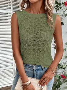 Breezaya 女士纯色无袖镂空针织背心 - 軍綠色 - 查看 4