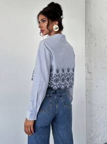 Firerie Women's Simple Casual Elegant Vacation Commuting Romantic Floral Embroidered Button Down Loose Striped Long Sleeve Shirt, Blouse