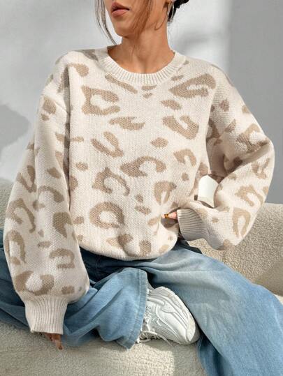 SHEIN Unity Damen lässiger Leoparden-Muster Pullover mit weitem Schnitt und Dropped Shoulder, Langarm Oberteil für Herbst/Winter