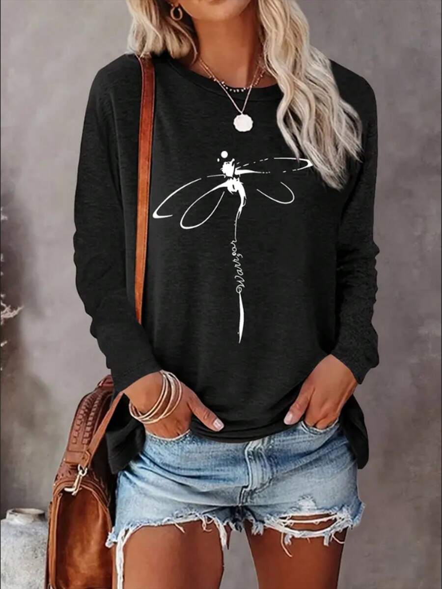 INAWLY 蜻蜓印花休闲圆领长袖 T 恤图案 T 恤女式上衣适合春季服装