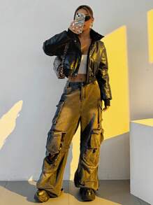 Muchica PU 立领纯色拉链短款夹棉大衣，秋冬款 - 黑色 - 查看 6