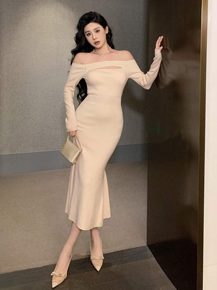 Women Off-Shoulder Long Sleeve Cutout Fishtail Hem Elegant Sweater Dress, Autumn/Winter Prom Dress,Fall Women Clothes