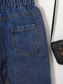 Young Girl Casual Simple Button Waist Soft Comfortable Denim Effect Spring Autumn Long Pants - Medium Wash - View 3