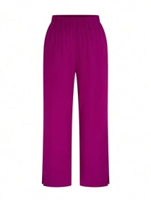 SHEIN TaskFit Plus Size V-Neck Drawstring Pocket Short Sleeve Top And Elastic Waist Pants Uniform Scrub Set - Hot Pink - View 8