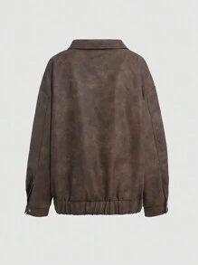 FRIFUL Women's Loose Dropped Shoulder Zip Up Casual Jacket For Spring/Autumn Women Coats - Brown - View 8