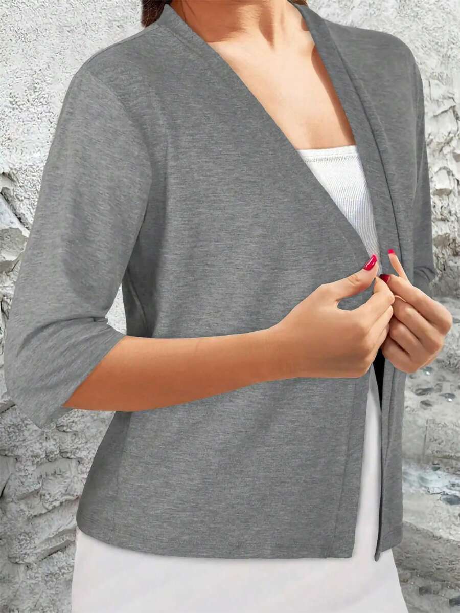 INAWLY 女式纯色短袖前开式休闲 T 恤，春夏季 - 灰色 - 查看 1