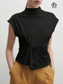 BizChic Women's Elegant Mock Neck Twist Front Sleeveless Top, Teacher T-Shirt, Autumn Tee - Black - View 6