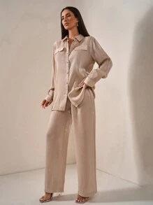 RueChic Cotton Pleated Shiny Special Textured Fabric Pocket Detailed Long Sleeve Shirt & Relaxed Fit Pant Stylish Two Piece Outfit