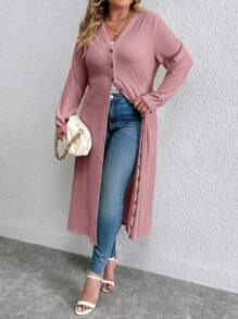 Calvaya Veste décontractée à manches longues avec boutons devant, taille grande - Vieux Rose - Voir 3
