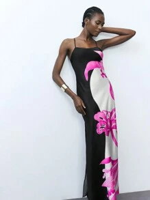 Maija Women Spaghetti Strap Backless Floral Print Color Block Fitted Slit Dress Floral Dress - Multicolor - View 4