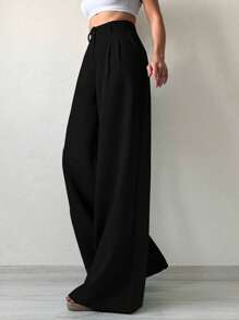 SHEIN Tall Women's Solid Color Wide Leg Suit Pants - Black - View 4