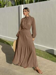 EURMUSE 2pcs Set: Ruffled Collar Lantern Sleeve Blouse And Skirt - Brown - View 7