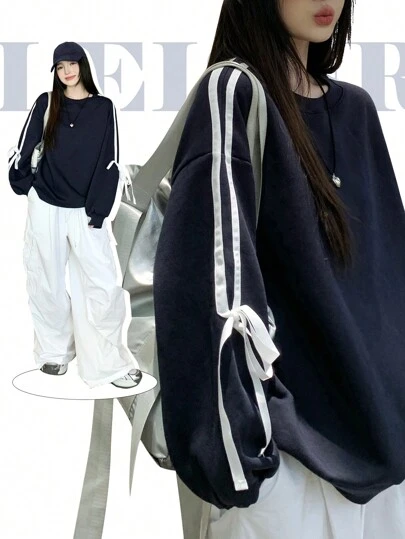 DAZY 女士超大蝴蝶结运动衫，女士春秋休闲结饰长袖圆领超大常规海军蓝落肩套头衫女式连帽衫，长袖上衣