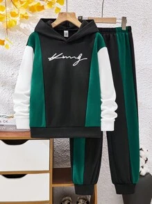 SHEIN 2 件装 Tween Boys 舒适休闲风格撞色字母印花连帽衫和裤子套装，适合秋春、户外、街头、派对、家居、高性价比、羊毛、加厚 - 彩色 - 查看 1