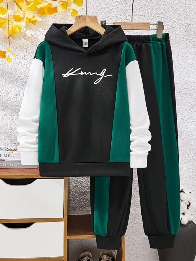 SHEIN 2 件装 Tween Boys 舒适休闲风格撞色字母印花连帽衫和裤子套装，适合秋春、户外、街头、派对、家居、高性价比、羊毛、加厚