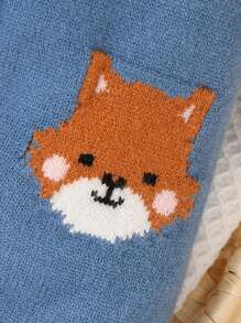 SHEIN Vintaside Kids 男婴卡通狐狸图案圆领长袖针织毛衣和裤子休闲装，秋冬 - 藍色 - 查看 3