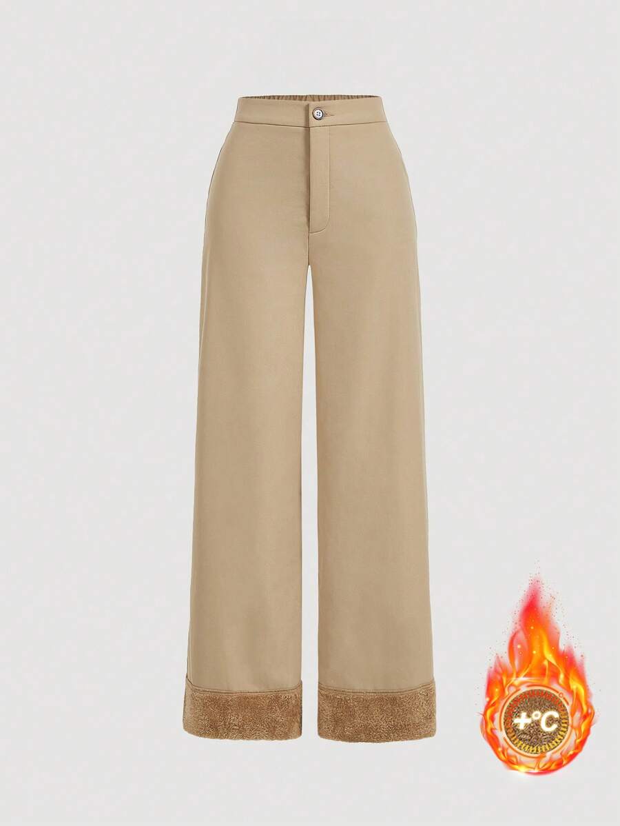 SHEIN MOD 卡其色蓬松卷边直筒裤，冬季女款 - 卡其色 - 查看 1