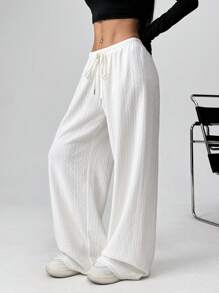 SHEIN EZwear Women's Fall Solid Color Knitted Jacquard Velvet Drawstring Long White Wide Leg Pants - White - View 5