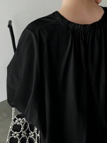 FRIFUL 女士圆领短袖纯色休闲宽松舒适时尚 T 恤 - 黑色 - 查看 5