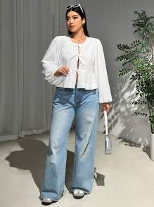 SHEIN EZwear Áo cánh tay đèn lồng màu trắng cỡ lớn cho nữ mùa xuân và mùa hè có dây buộc phía trước và viền xếp nếp - trắng - Xem 5