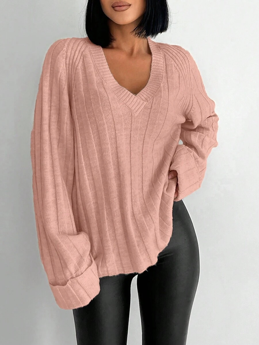 SHEIN Cottnline 女士纯色 V 领休闲长袖套头毛衣 - 淺粉色 - 查看 1