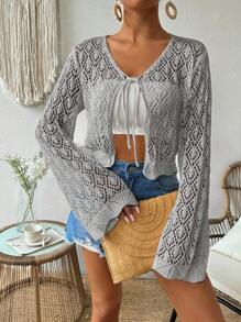 SHEIN LUNE 女士纯色简约日常镂空针织前系带开衫 - 淺灰色 - 查看 3
