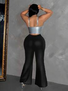 Maweii Plus Size Fashion Lace Patchwork Flare Pants Fall Cloth For Women - Black - View 2