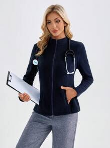 TaskEZ Plain Zipper Front Long Sleeve Pocket Uniform Scrub Jacket - Navy Blue - View 6