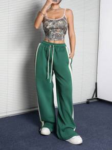 Muchica Quần ống rộng kẻ sọc xẻ gấu màu xanh lá cây thường ngày cho nữ dạo phố mùa thu - Màu xanh lá cây đậm - Xem 6