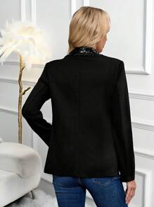 EMERY ROSE Women Sequin Patchwork Lapel Blazer Jacket - Black - View 4