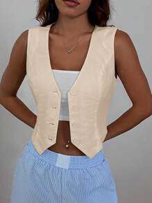 Muchica Button Front Vest Blazer - Apricot - View 6