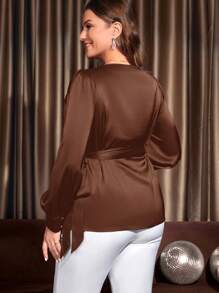 EMERY ROSE Plus Size Women's Solid Color V-Neck Long Sleeve Shirt - Brown - View 2