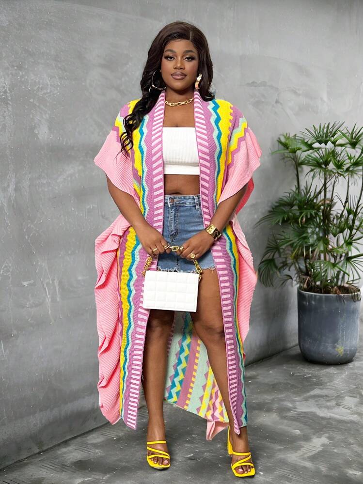 Slaydiva Casual And Sweet Ladies Plus Size Striped Ruffle Hem Drop