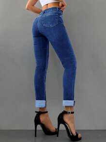 RueChic Solid Zipper Fly Skinny Jeans - Dark Wash - View 3