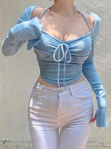 DAZY Women's 2 In 1 Long Sleeve T-Shirt Going Out Tops,Fall Clothes - Baby Blue - View 3