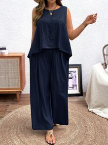 Franclia Bộ 2 áo ba lỗ và quần thường ngày cỡ lớn - Màu xanh hải quân - Xem 4