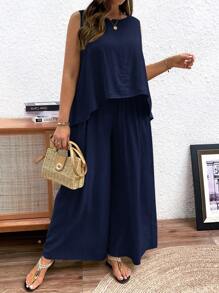 Franclia Bộ 2 áo ba lỗ và quần thường ngày cỡ lớn - Màu xanh hải quân - Xem 1