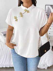 Franclia Blusa de manga corta con botones de estilo chino talla grande para mujeres