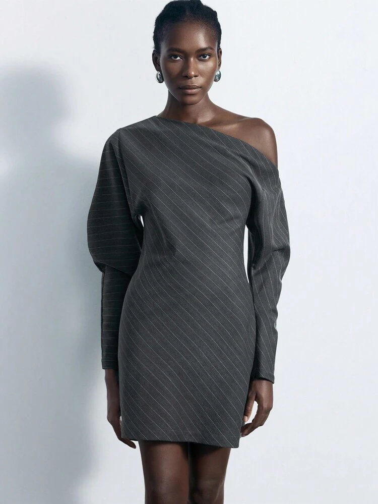 SHEIN Maija Robe courte asymétrique à manches longues et imprimé rayé pour femmes, élégante