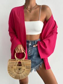 RueChic 女士编织长袖纯色宽松休闲和服罩衫，适合夏季海滩度假 - 粉色 - 查看 4