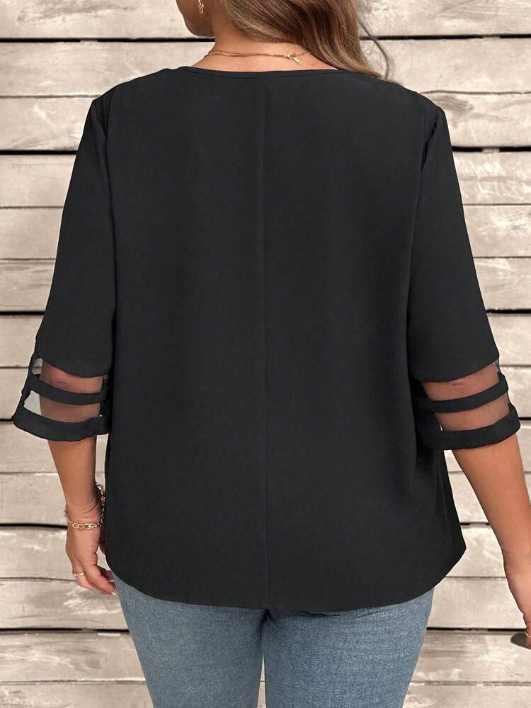 大码休闲网眼拼接衬衫 - 黑色 - 查看 2